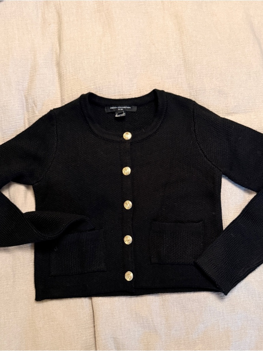 French Connection Black Knit Cardigan with Gold Buttons